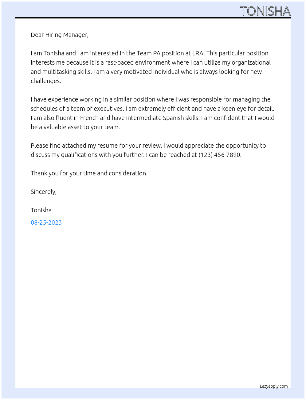 Team PA  At LRA Cover Letter