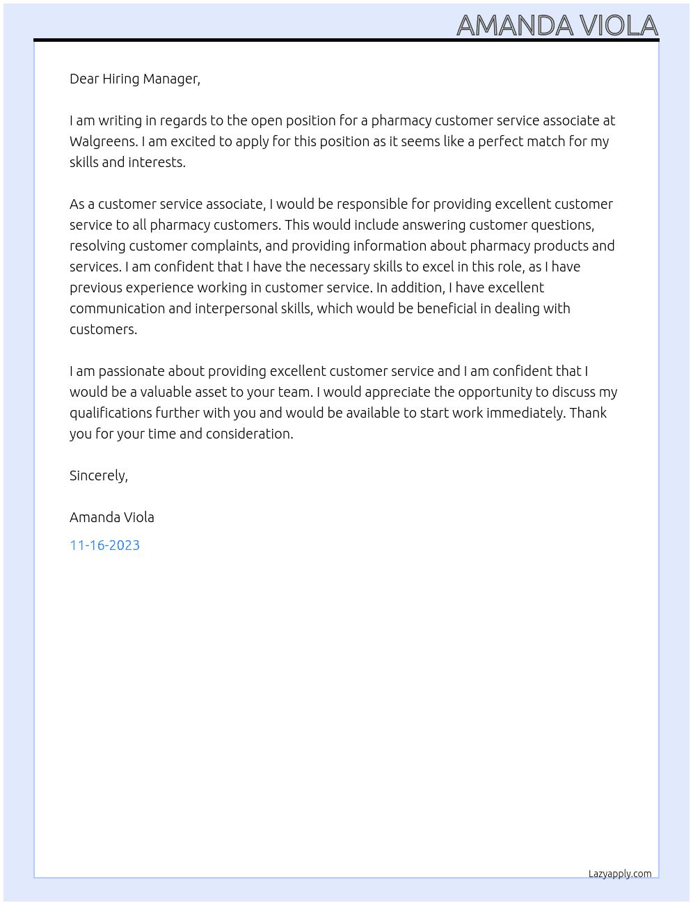 Pharmacy customer service associate  At Walgreens  Cover Letter