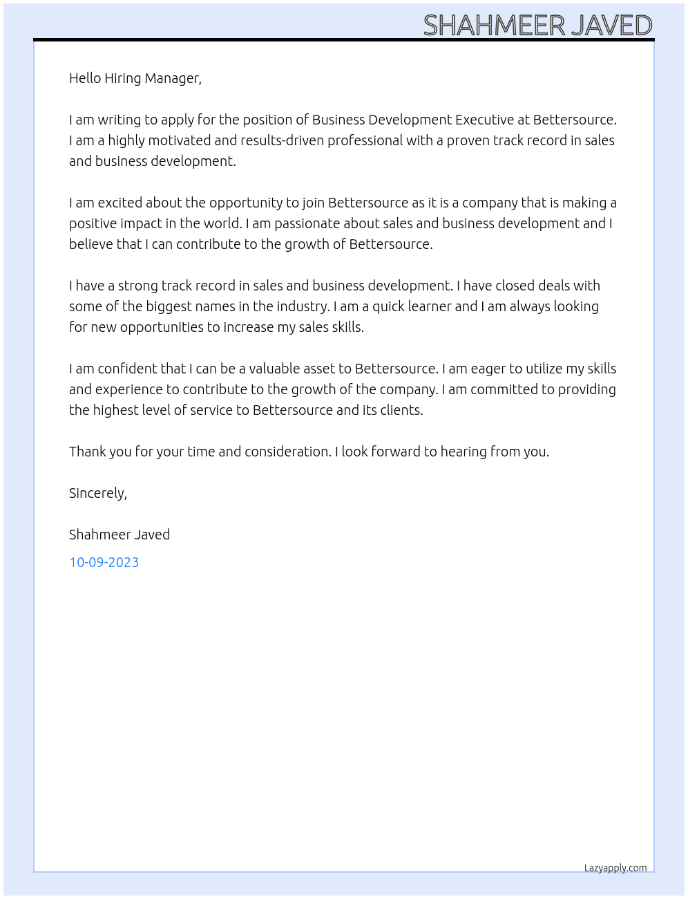 Business Development Executive At Bettersource Cover Letter