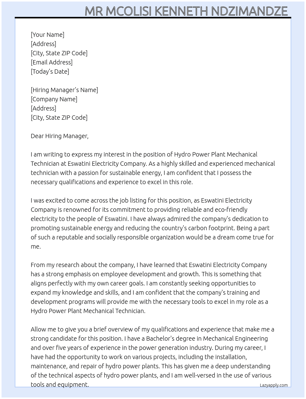Hydro Power plant Mechanical Technician  At Eswatini Electricity Company  Cover Letter
