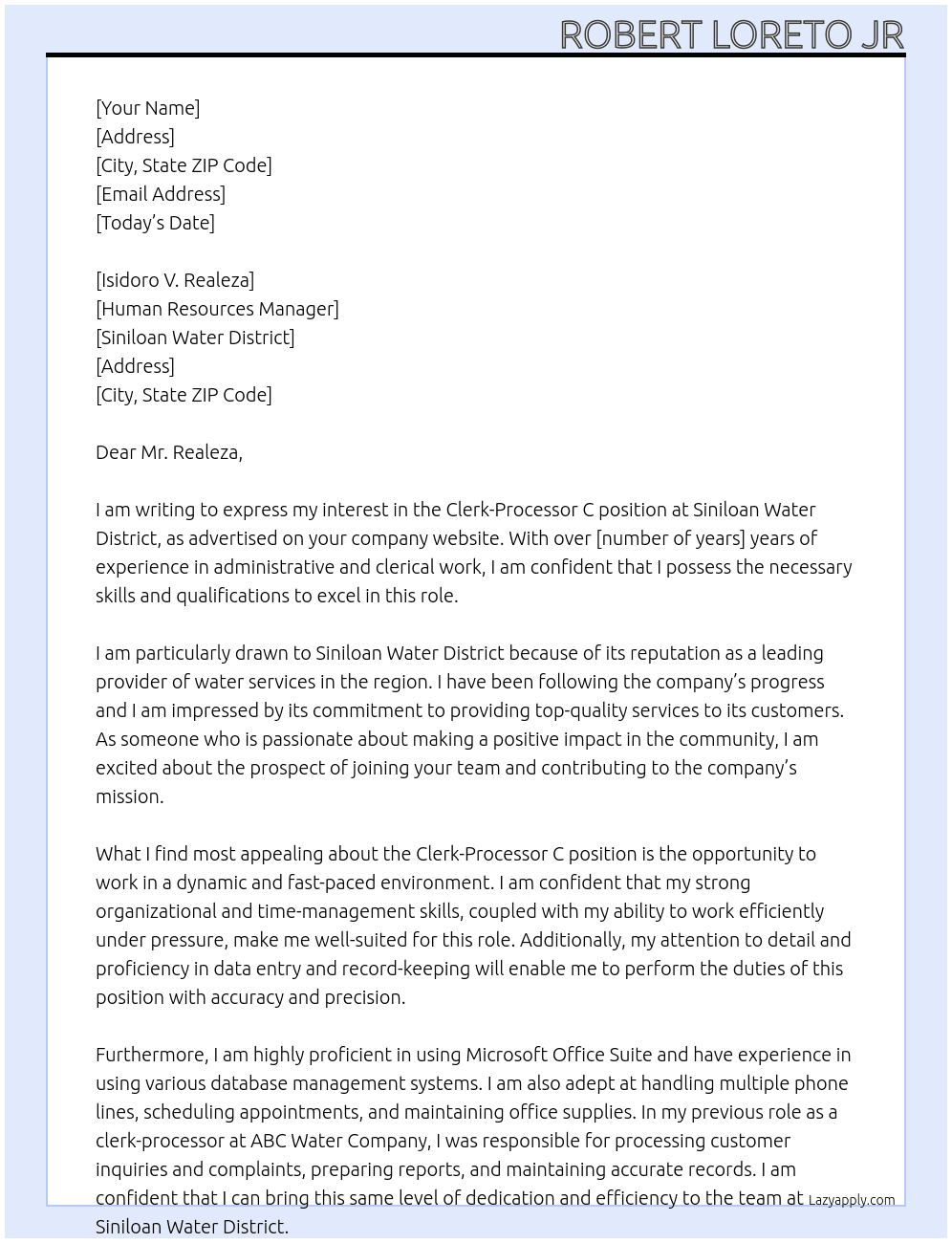 Clerk-Processor C At Siniloan Water District Cover Letter