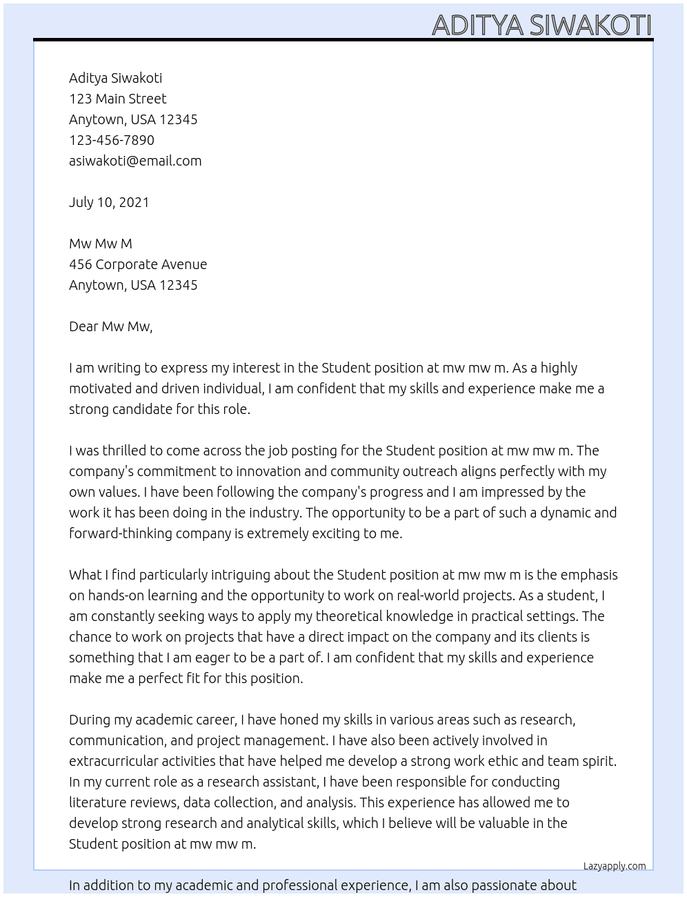Student At mw mw m Cover Letter
