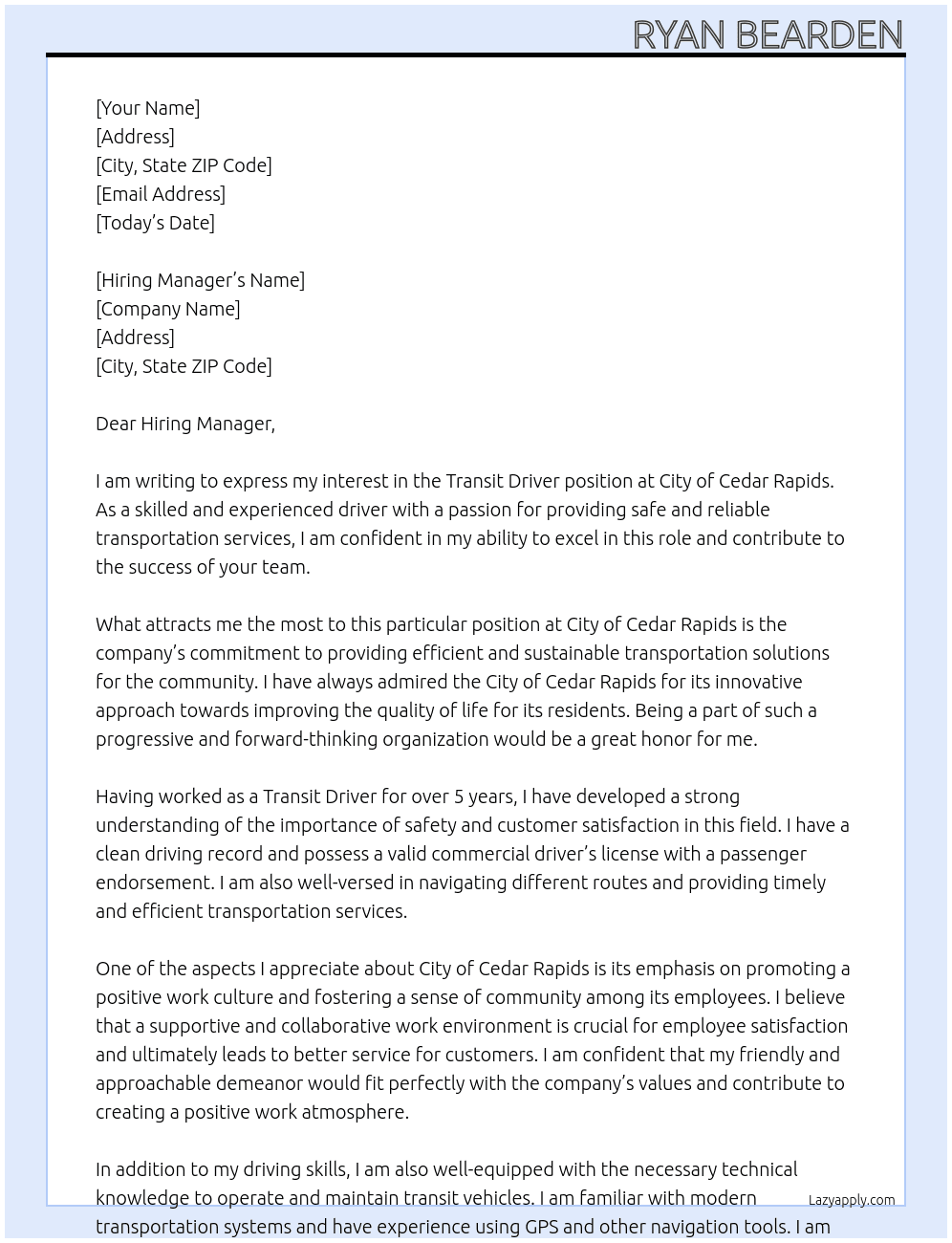 Transit Driver At City of Cedar Rapids Cover Letter