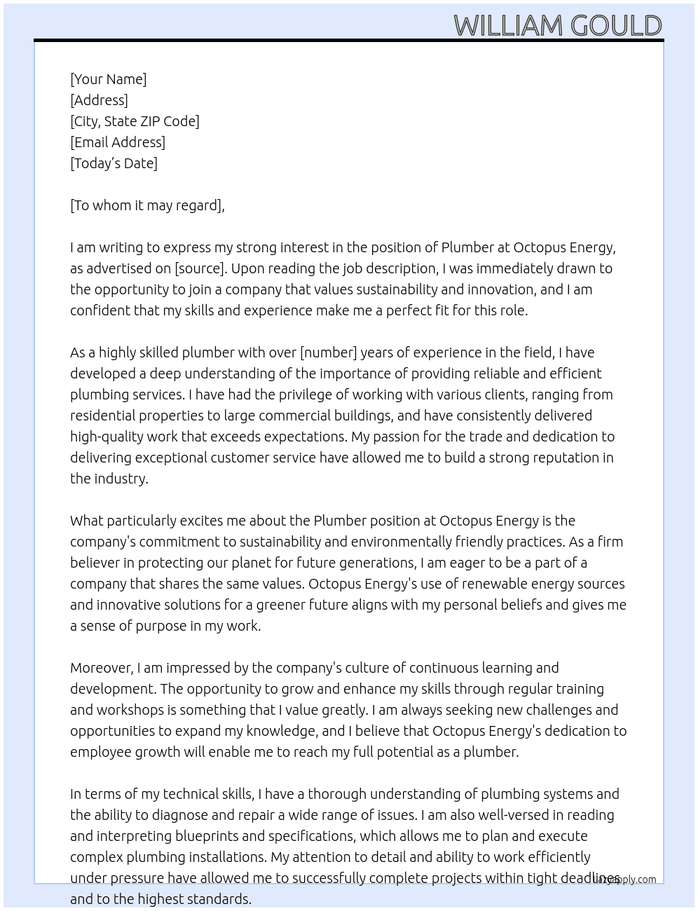 Plumber At Octopus Energy Cover Letter
