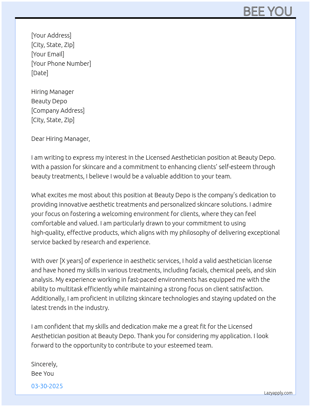 licensed Aesthetician  At Beauty Depo Cover Letter
