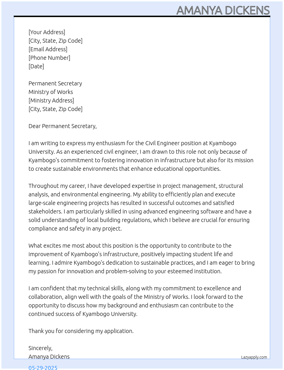 civil engineer At kyambogo university Cover Letter