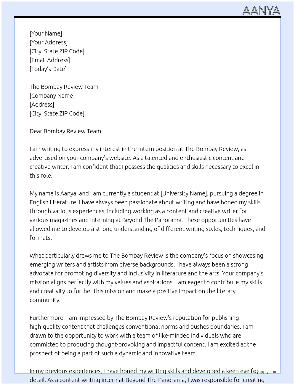 Intern At The Bombay Review Cover Letter