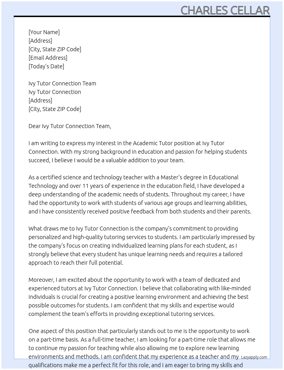 Cover letter for academic tutor - LazyApply