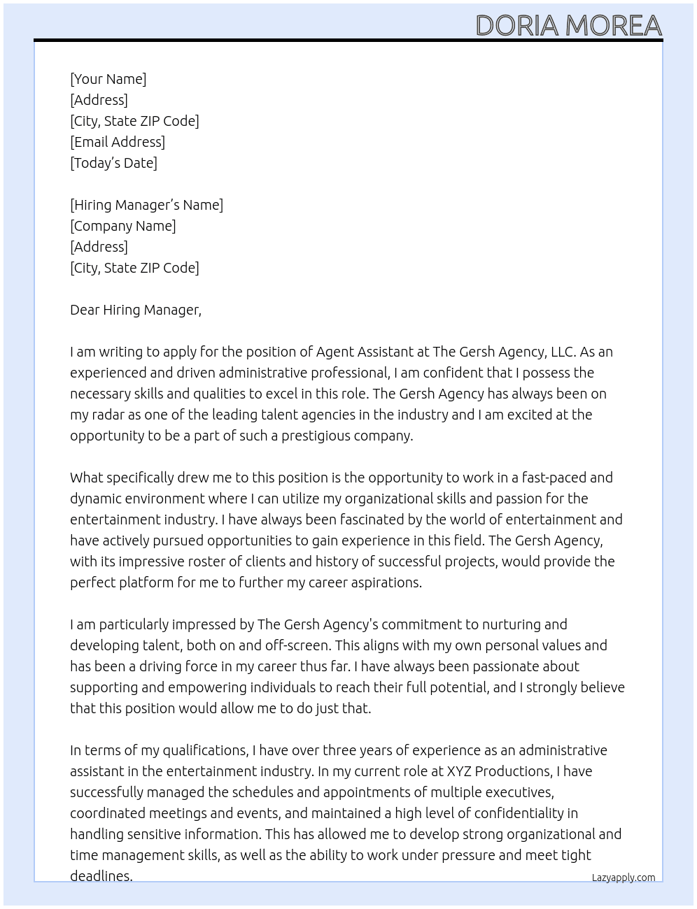 Agent Assistant At The Gersh Agency, LLC. Cover Letter