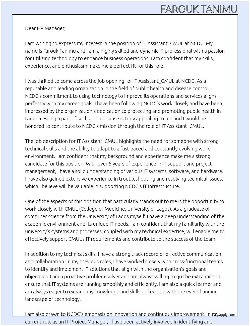 IT Assistant_CMUL At NCDC Cover Letter