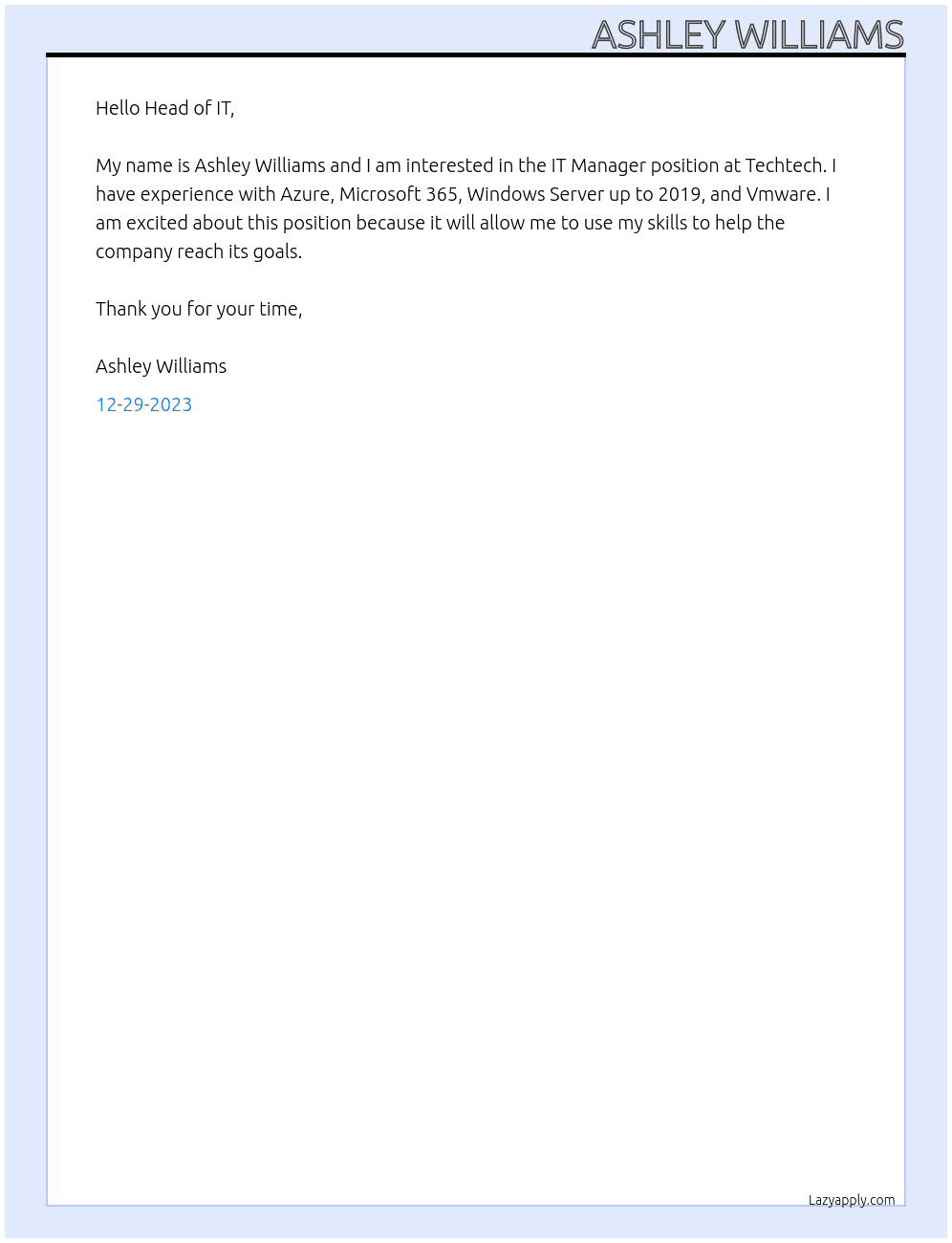 IT Manager At Techtech Cover Letter