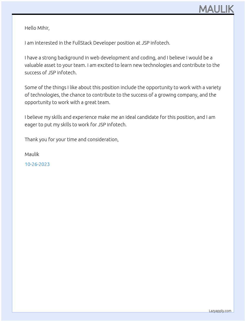 FullStack Developer At JSP infotech Cover Letter