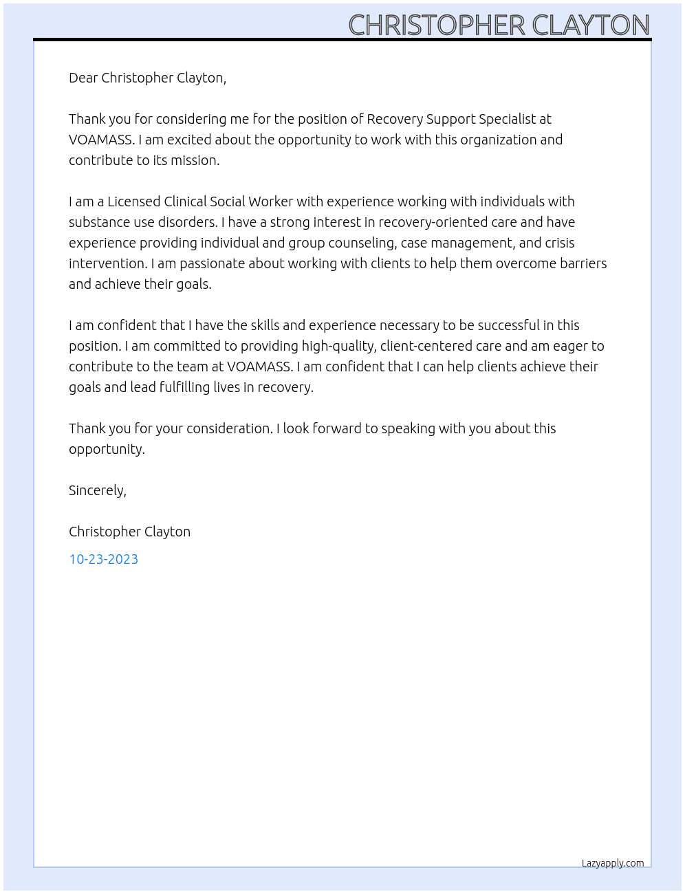 Recovery Support Specialist  At VOAMASS Cover Letter