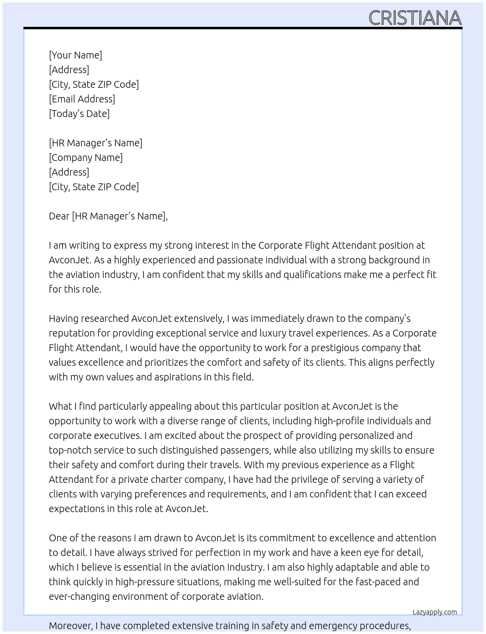 Corporate flight attendant At AvconJet Cover Letter