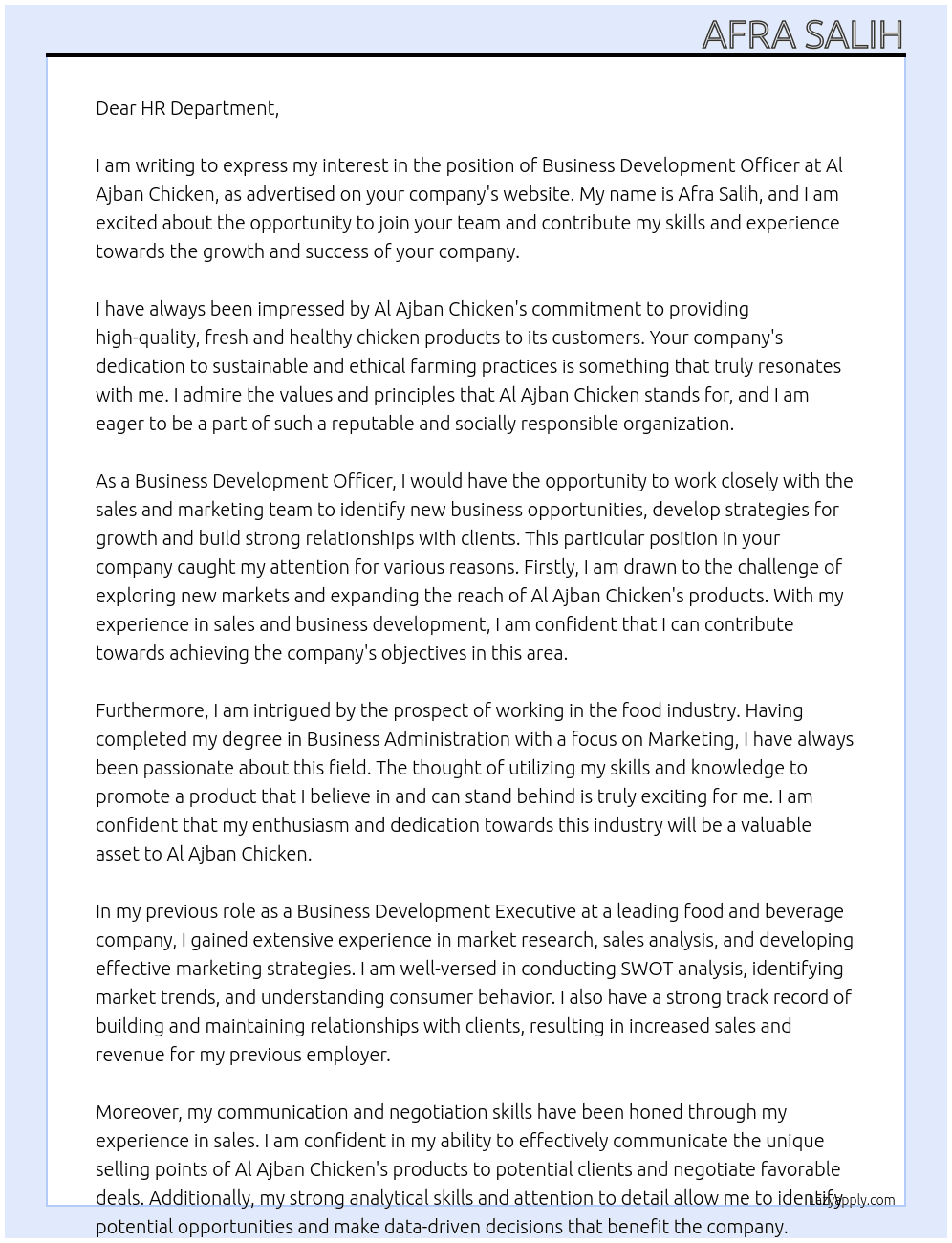 Business Development Officer  At Al Ajban Chicken  Cover Letter