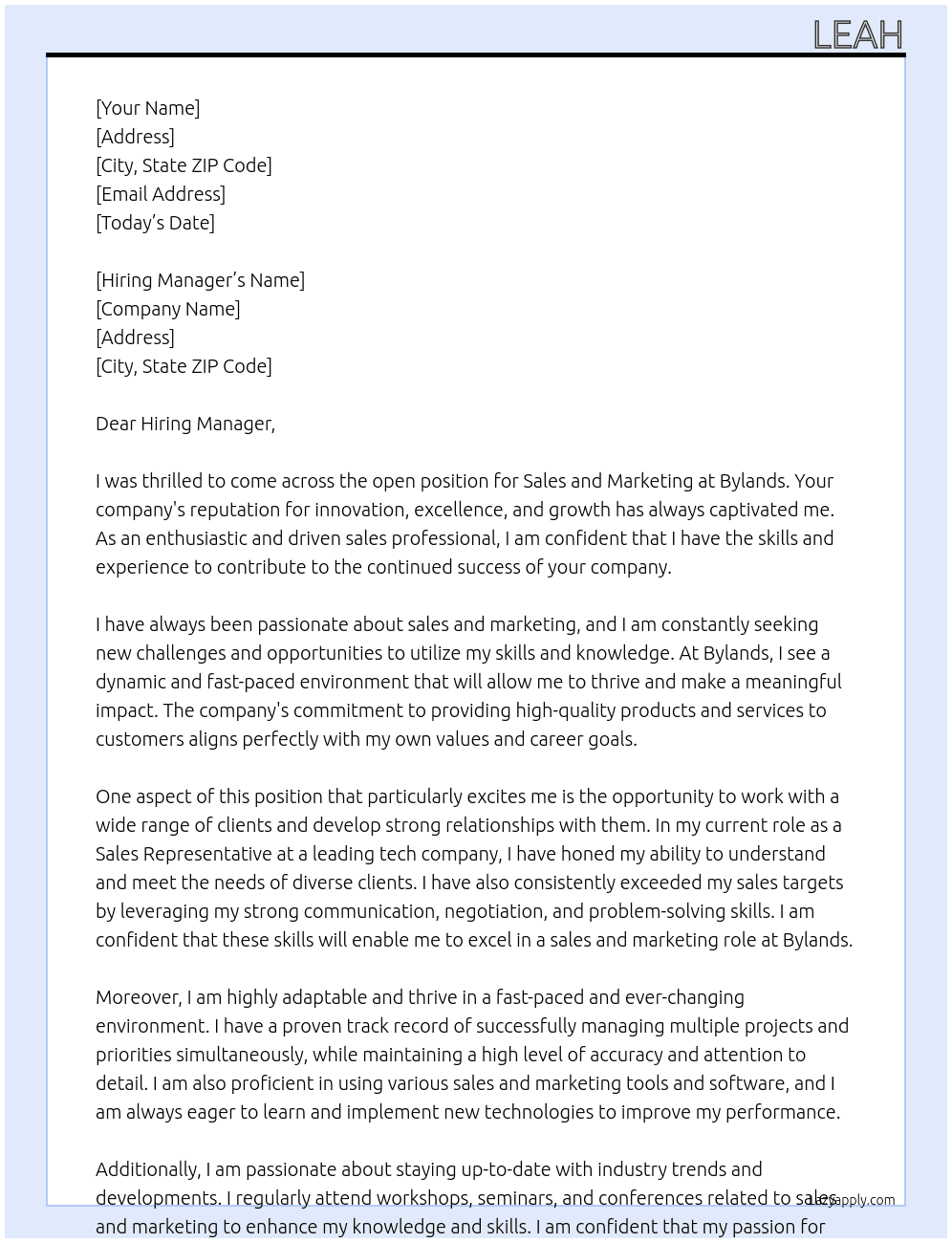 sales and marketing At Bylands Cover Letter