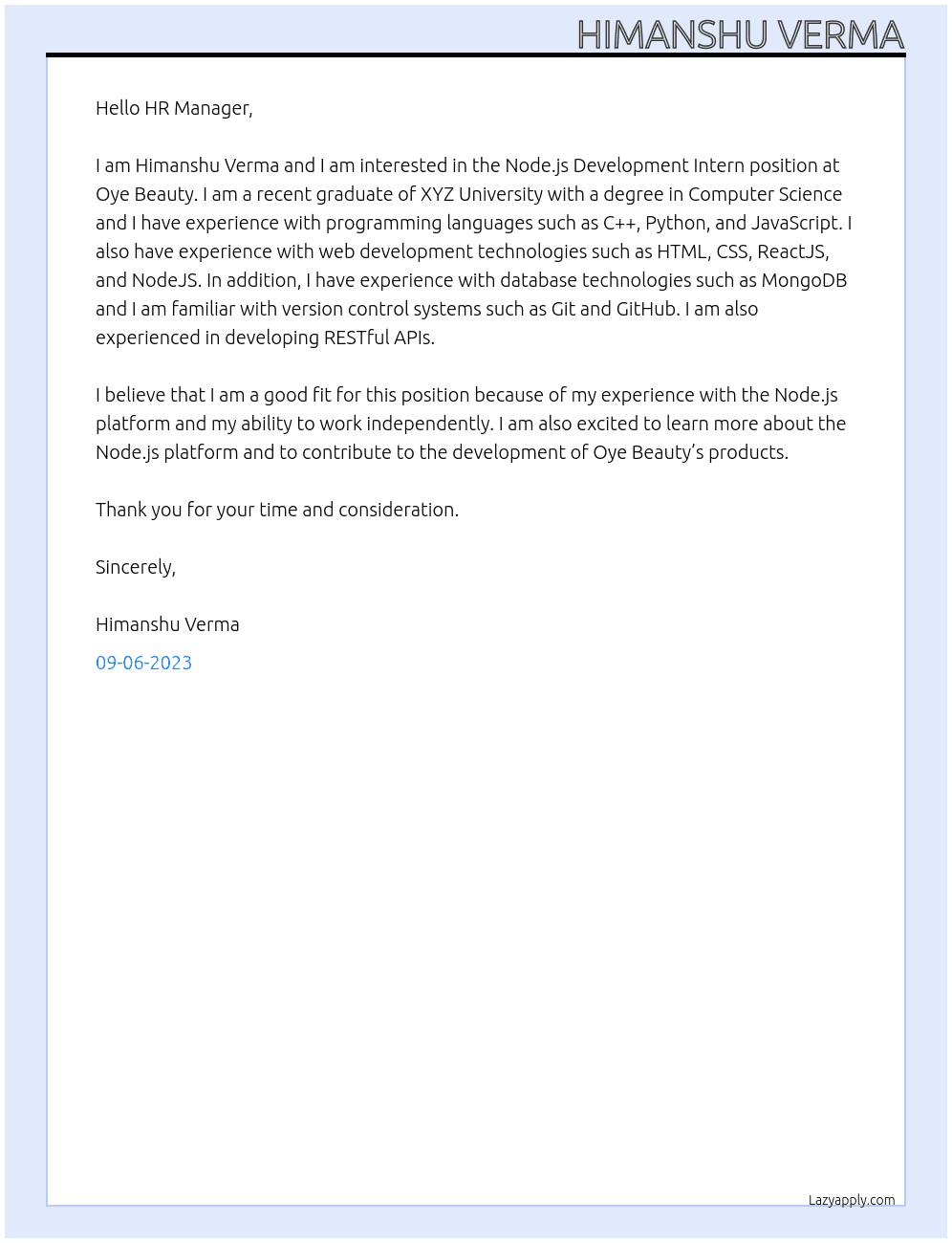 Node.js Development Intern At Oye Beauty Cover Letter