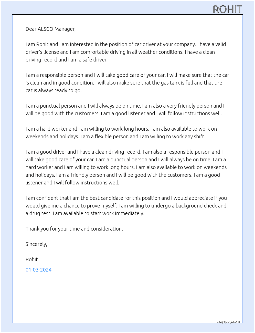 car drviver At ALSCO Cover Letter