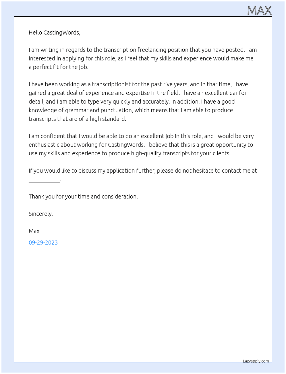 transcription freelancing At CastingWords Cover Letter