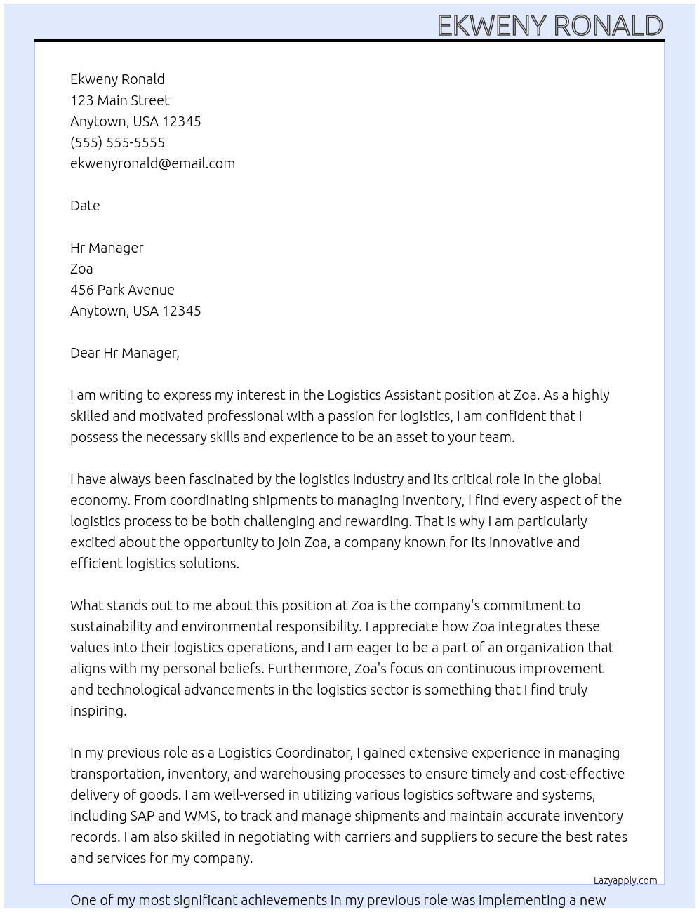 Logistics assistant At Zoa Cover Letter