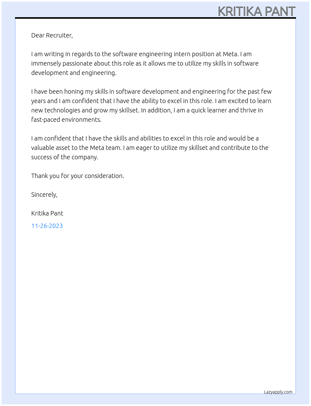 Software engineering intern At Meta Cover Letter