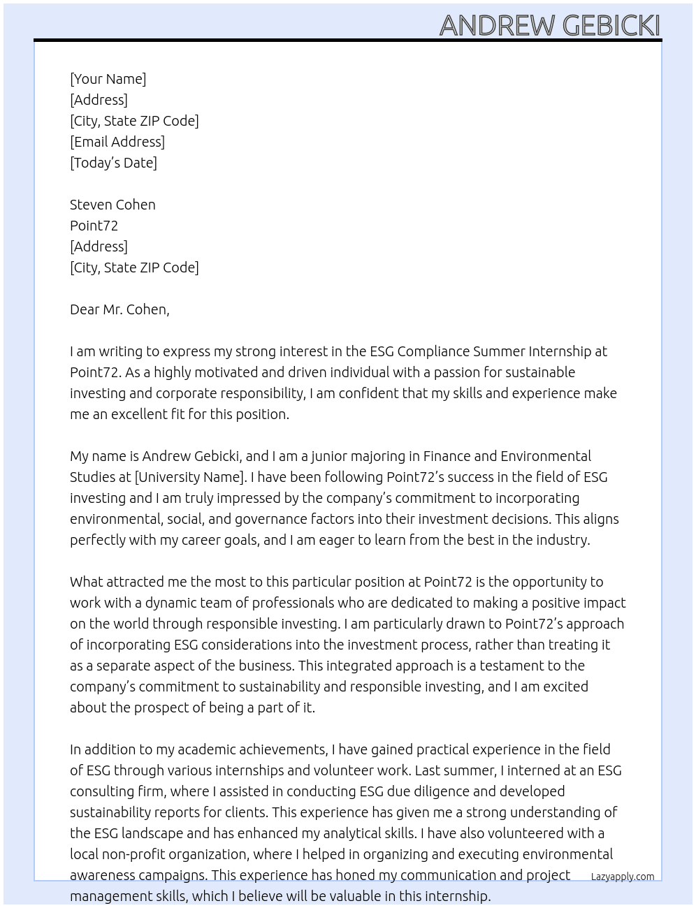 ESG Compliance Summer Internship At Point72 Cover Letter