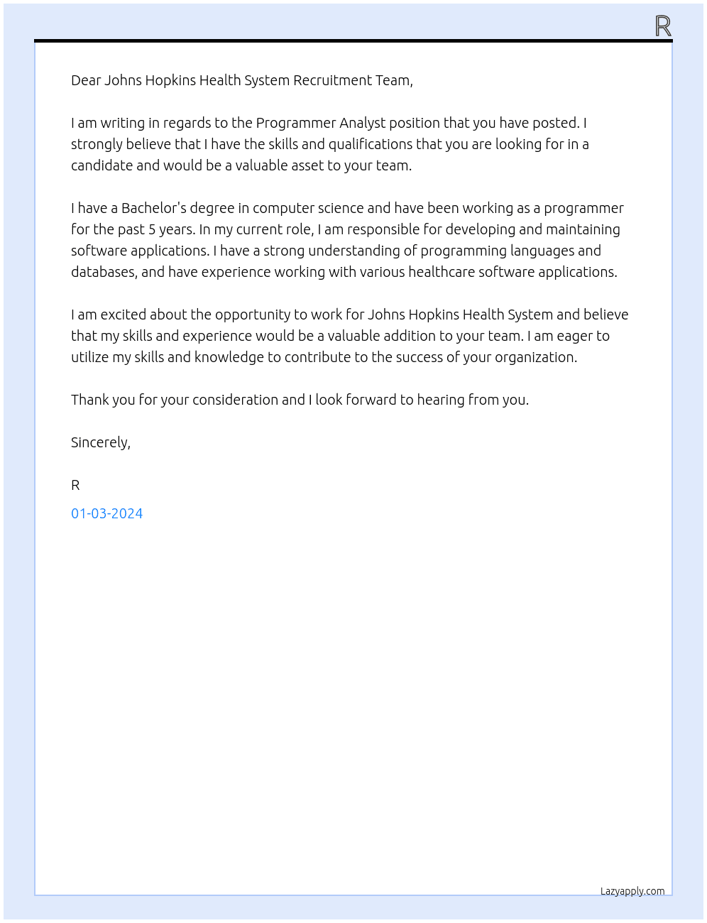 Programmer Analyst  At Johns Hopkins Health System Cover Letter