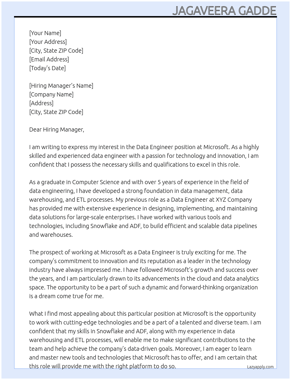 Data Enginner At Microsoft Cover Letter
