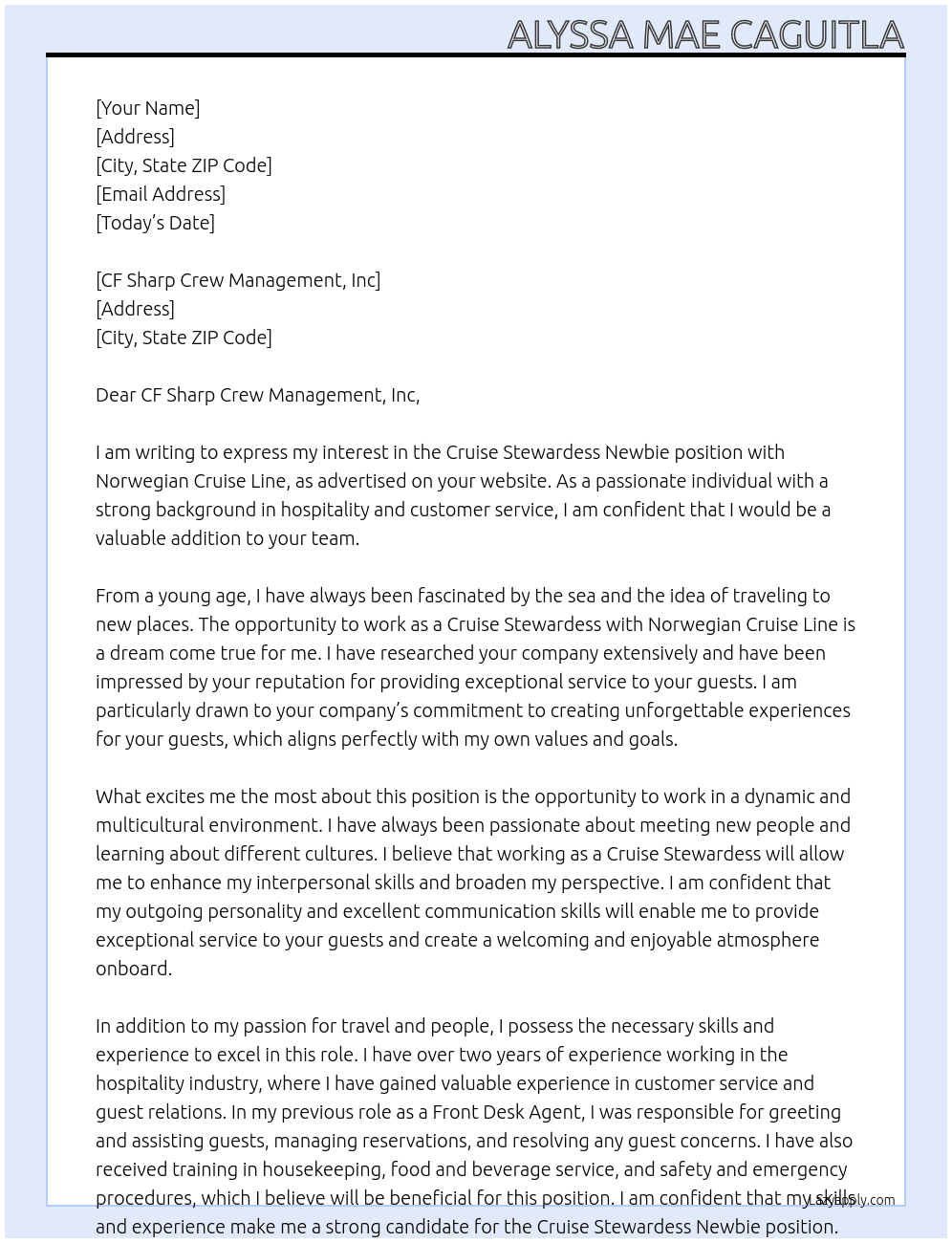 criuse stewardes newbie At Norwegian Cruise Line Cover Letter