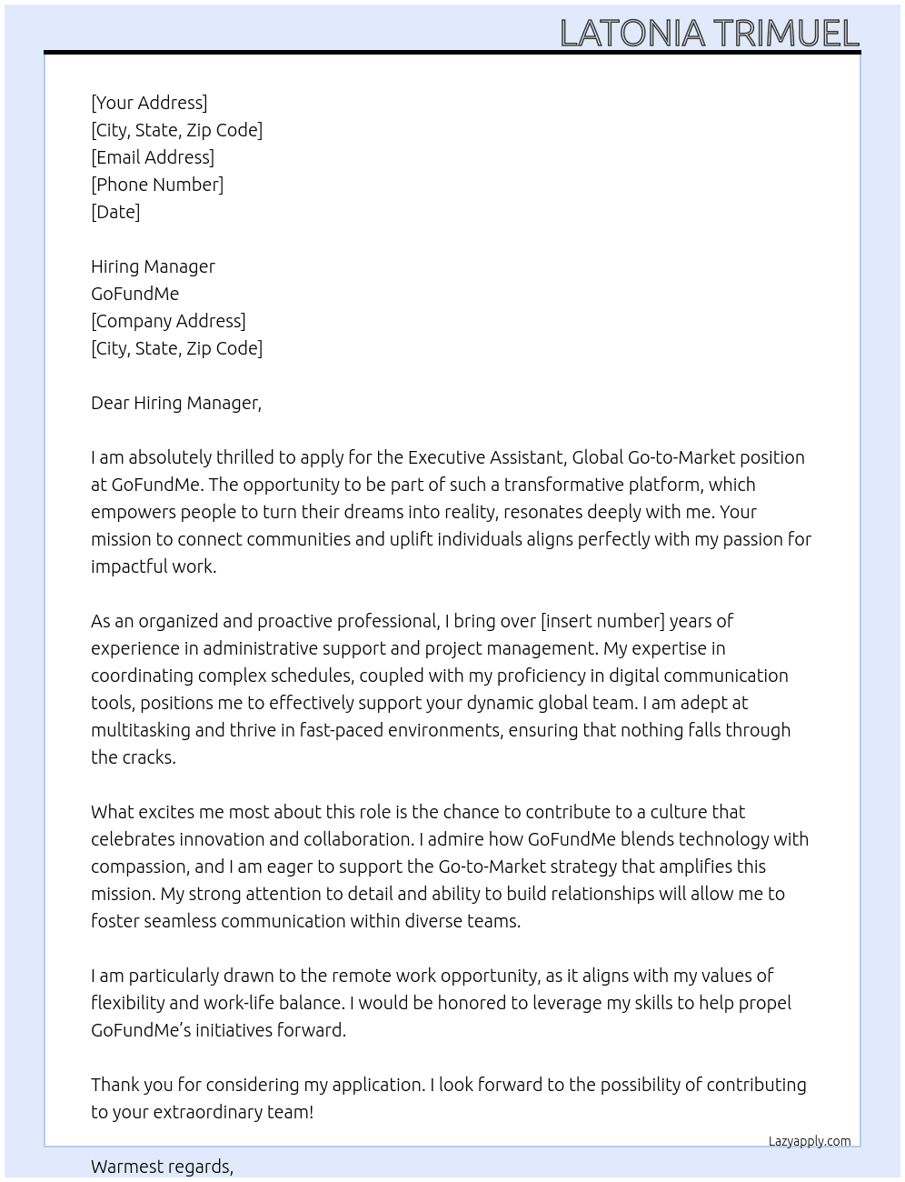 Cover letter for executive assistant, global go-to-market - LazyApply