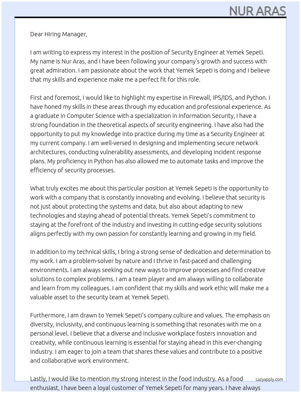 Security Engineer At Yemek Sepeti Cover Letter