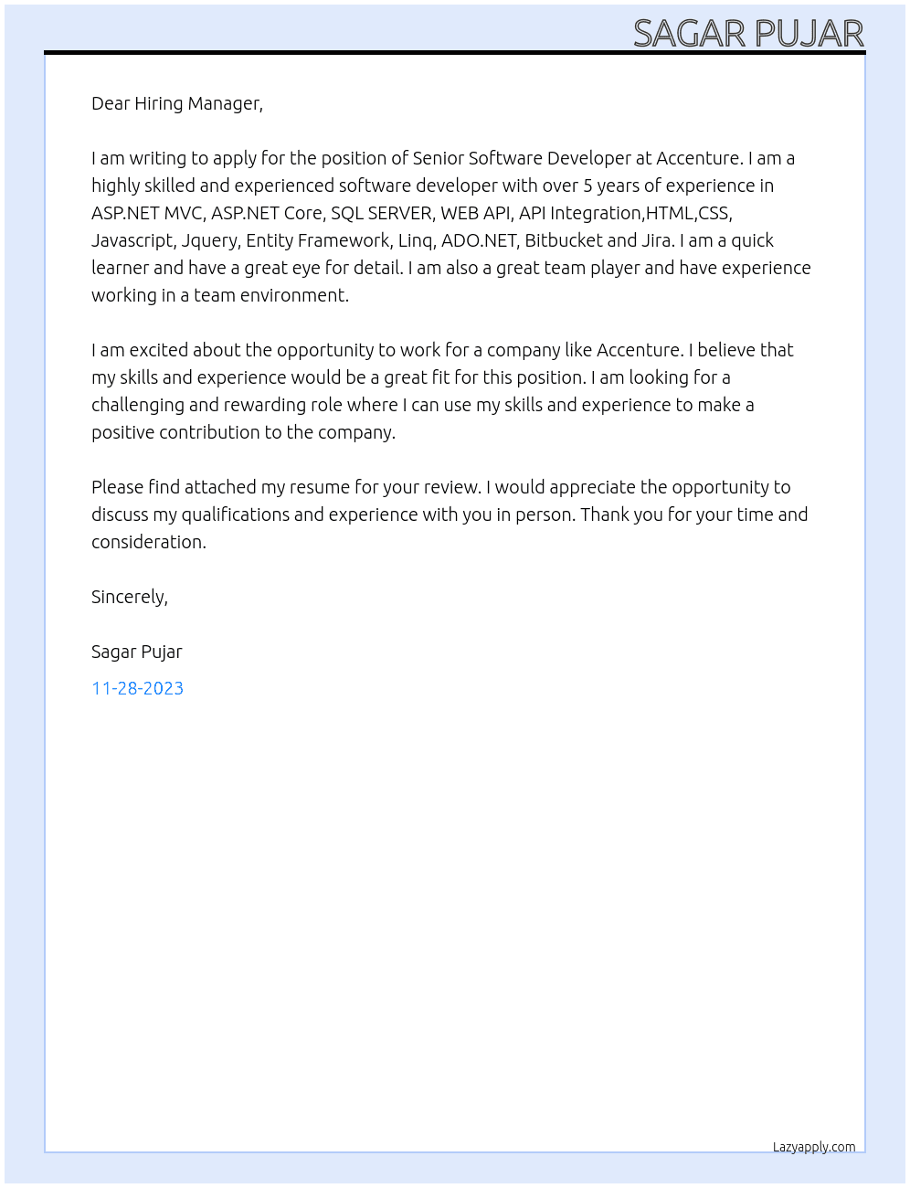 Senior Software Developer At Accenture Cover Letter