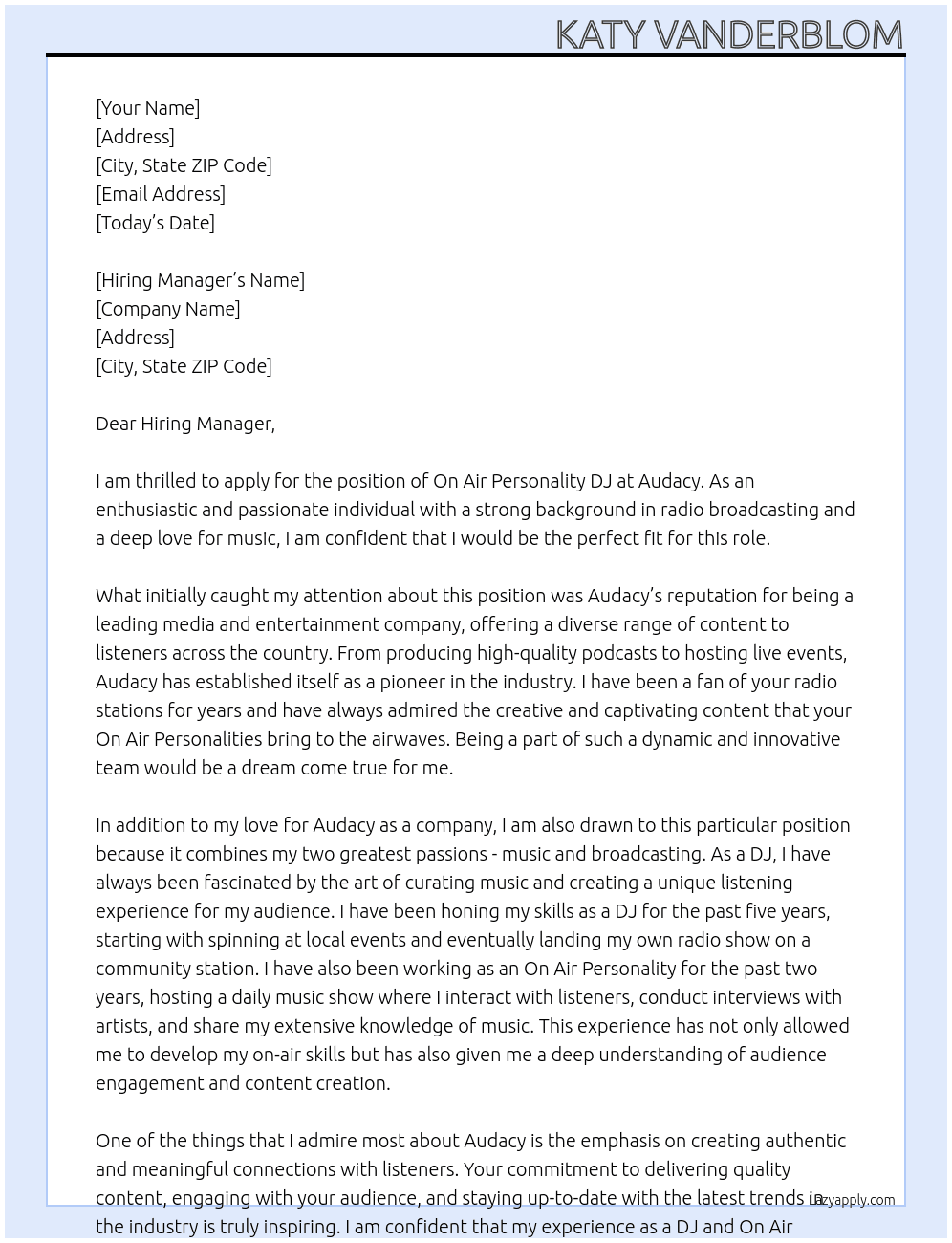 On Air Personality DJ At Audacy Cover Letter