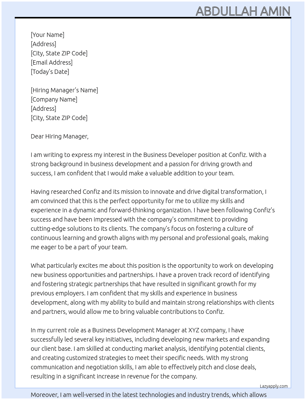 Business Developer At Confiz Cover Letter