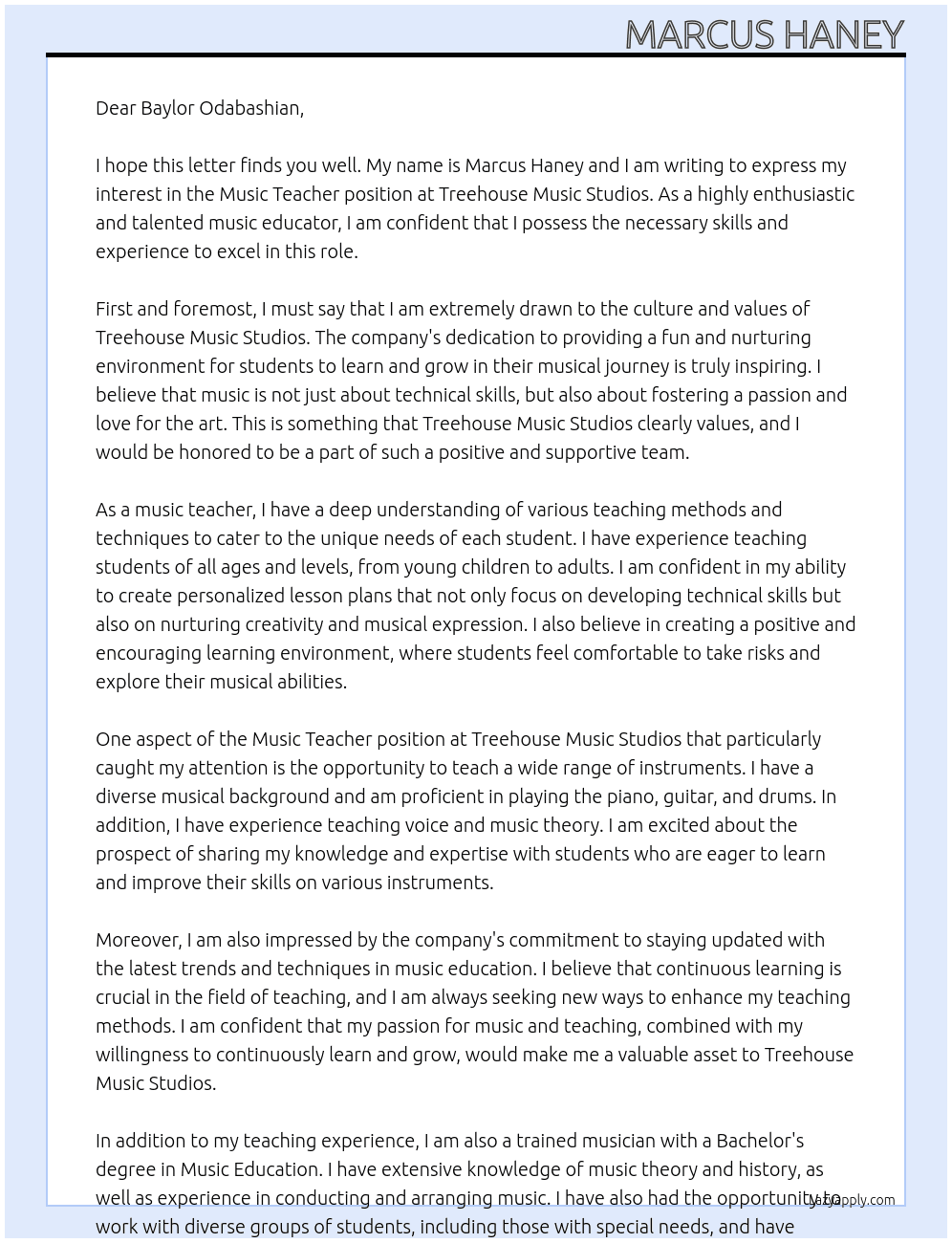 Music Teacher At Treehouse Music Studios Cover Letter