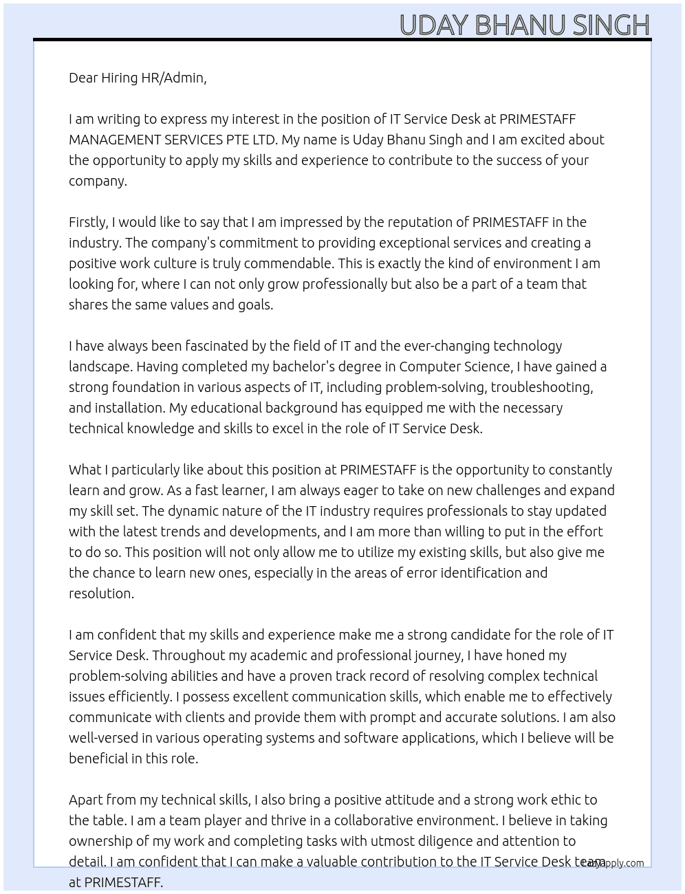 IT Service Desk At PRIMESTAFF MANAGEMENT SERVICES PTE LTD Cover Letter