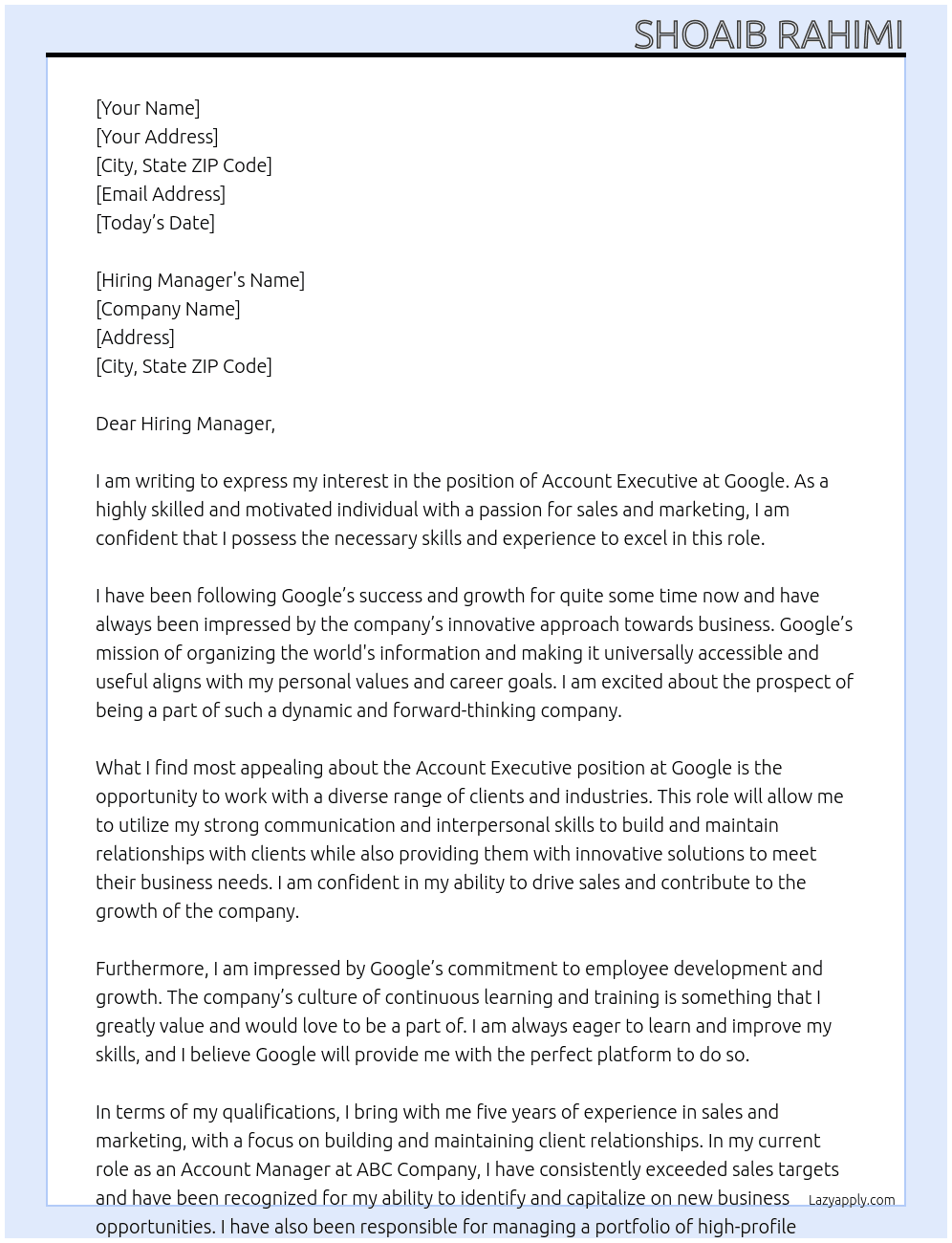 Account Executive  At Google  Cover Letter