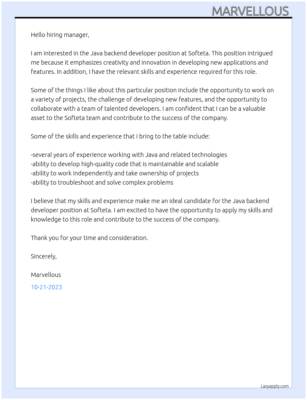 Java backend developer  At Softeta  Cover Letter