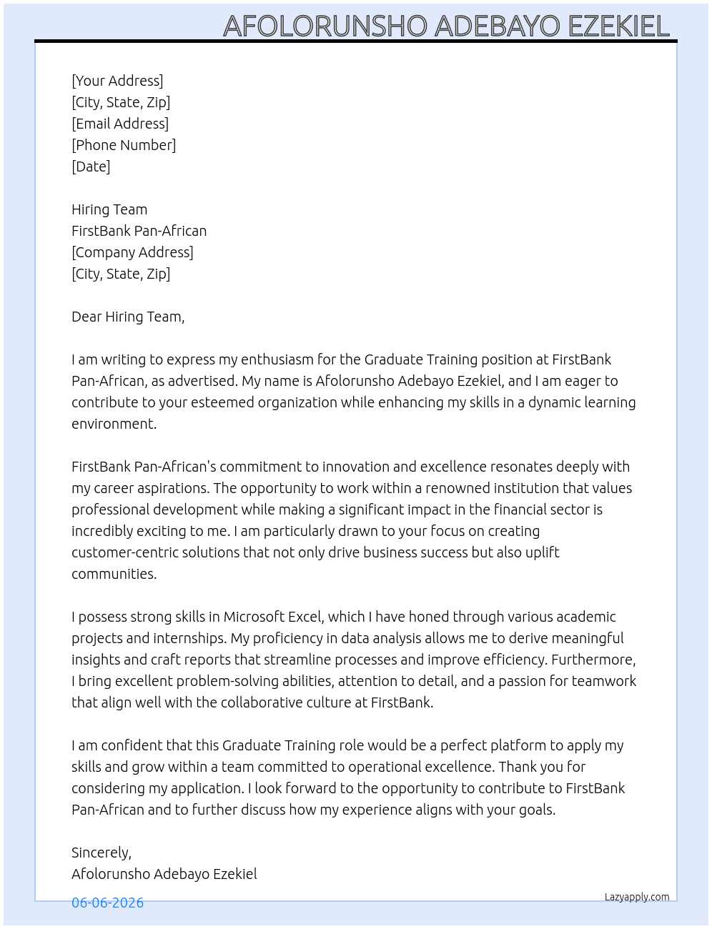 Graduate Training  At FirstBank Pan-African  Cover Letter