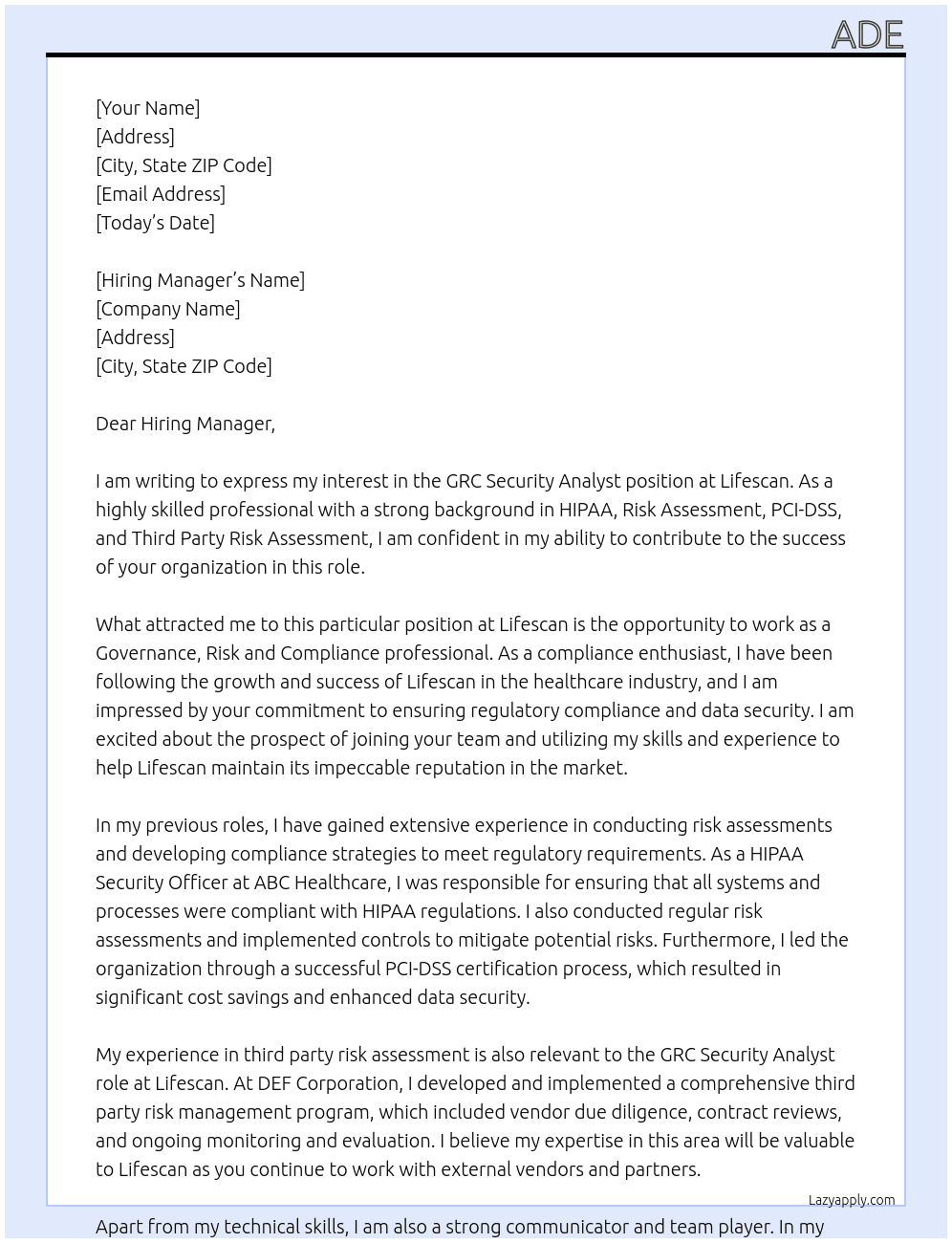 GRC Security Analyst At Lifescan Cover Letter