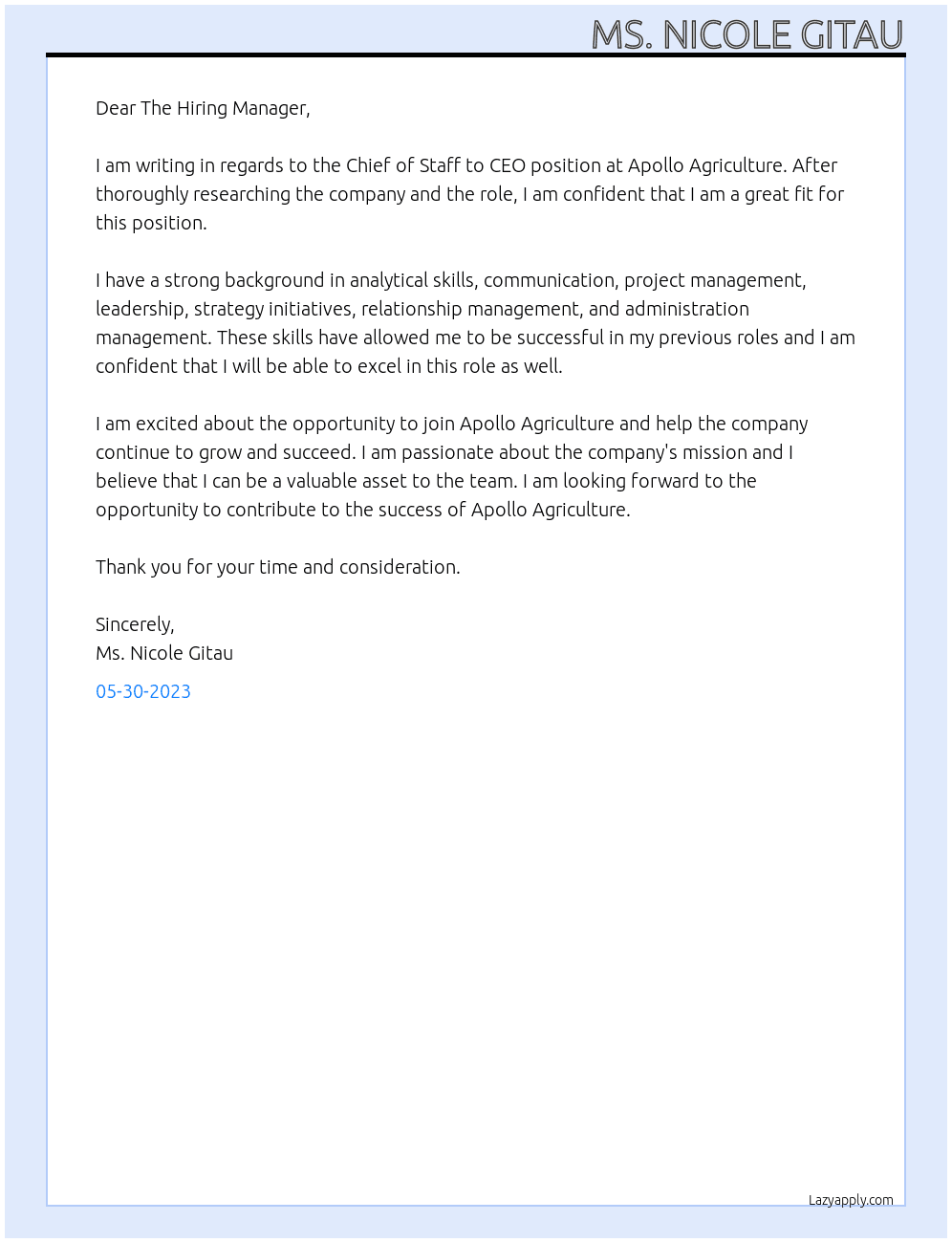 Chief of Staff to CEO At Apollo Agriculture  Cover Letter