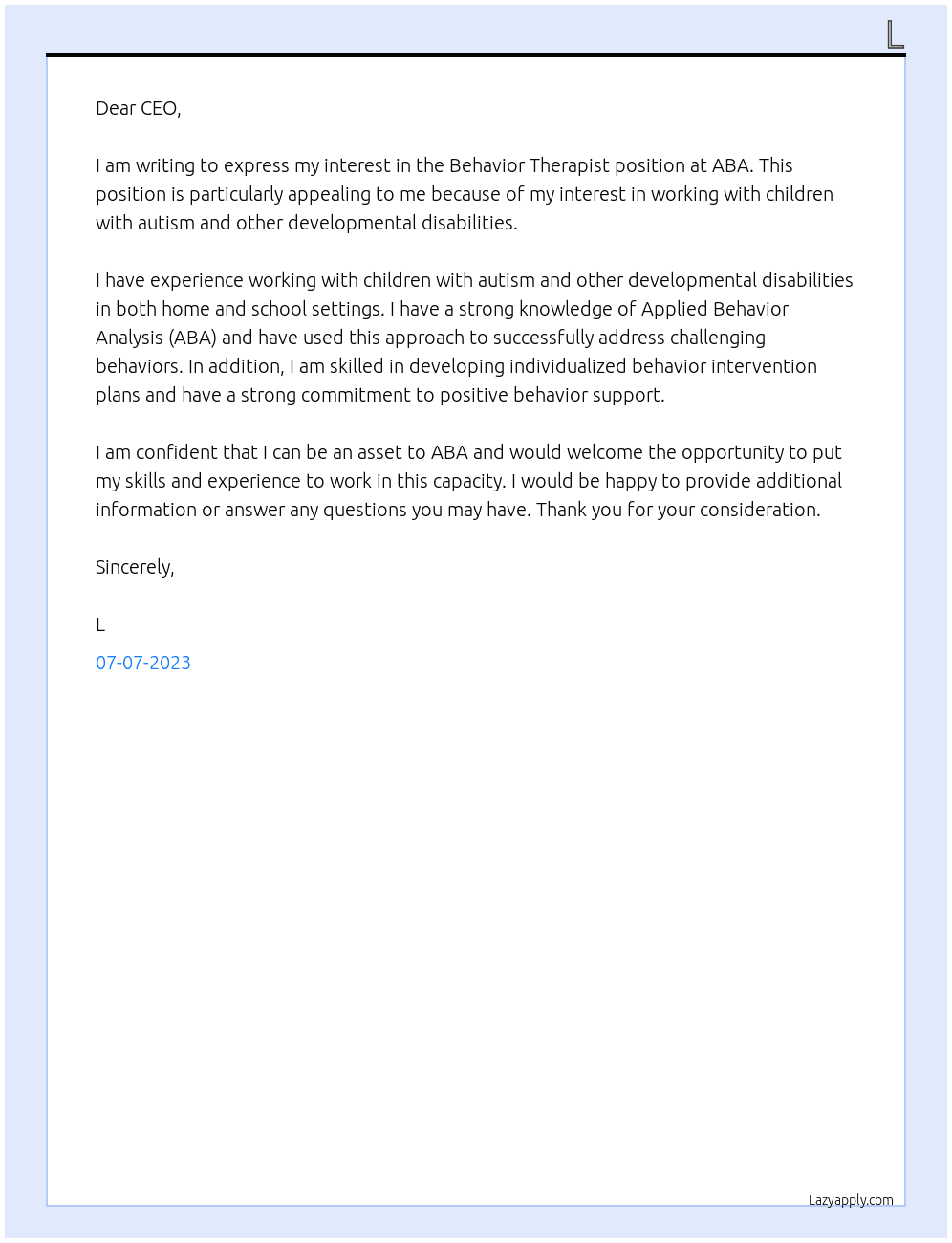 Behavior Therapist At ABA Cover Letter