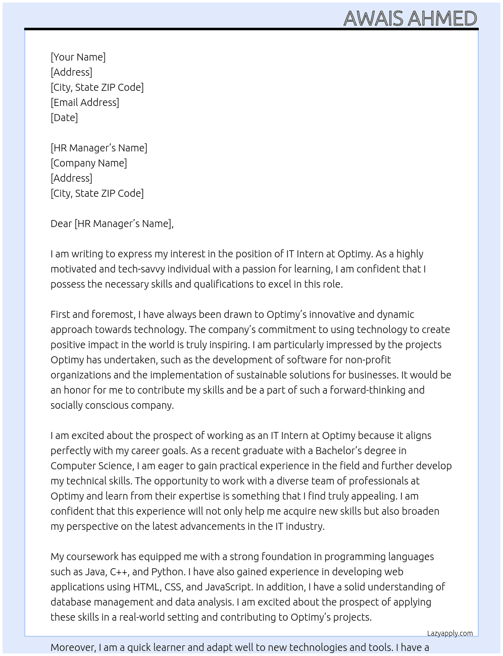 IT intern  At  Optimy Cover Letter