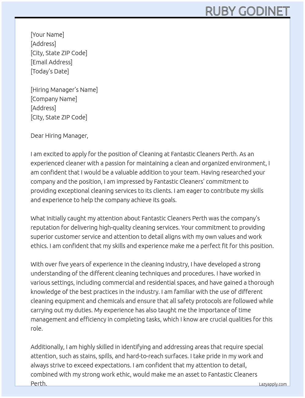 cleaning At Fantastic Cleaners Perth Cover Letter