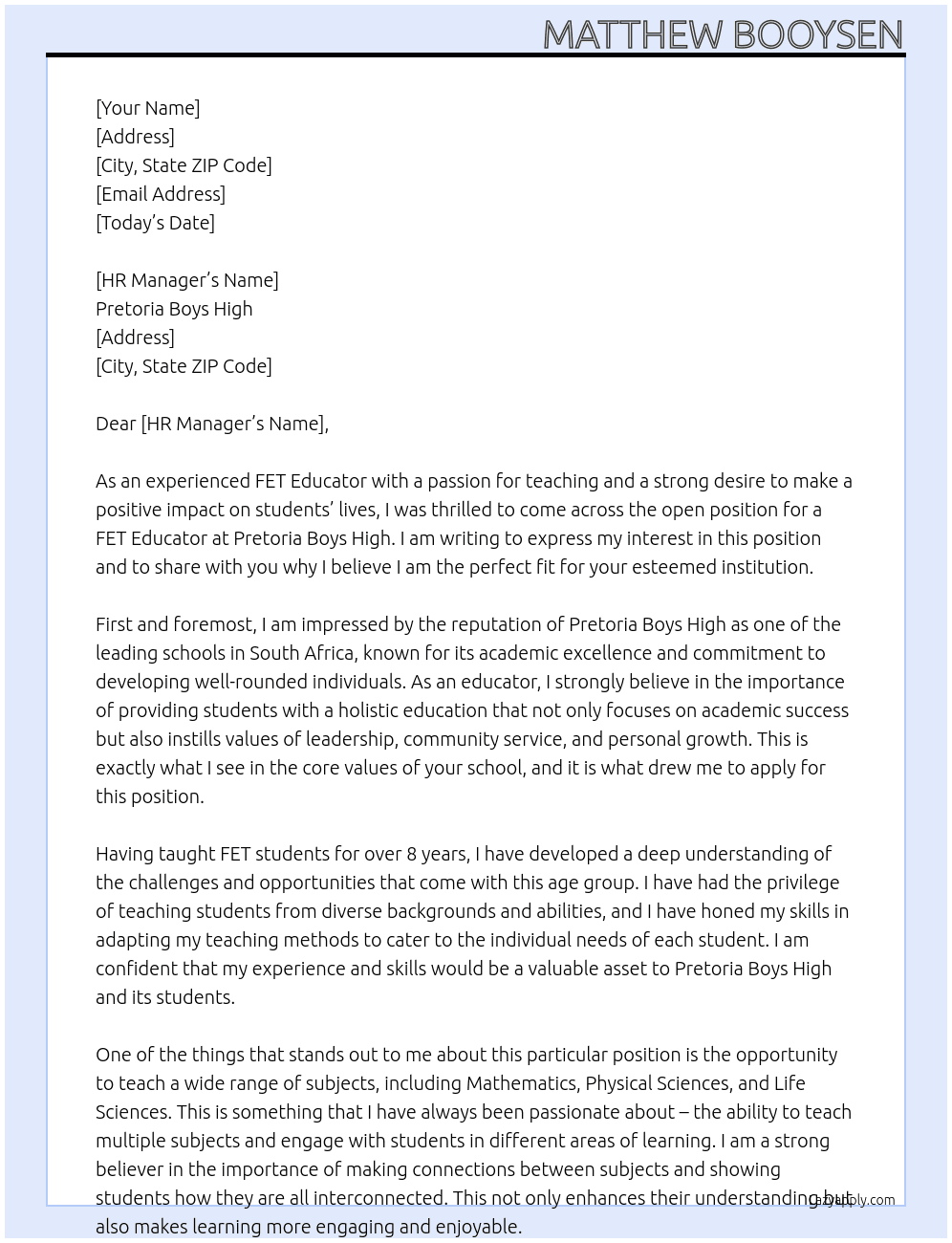 FET Educator At Pretoria Boys High Cover Letter