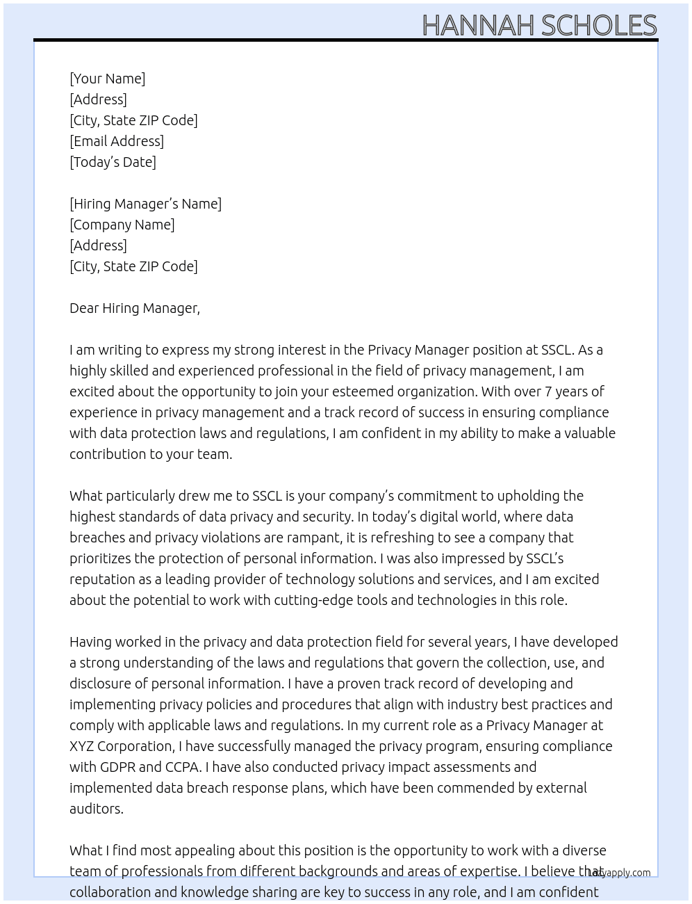 Privacy Manager At SSCL Cover Letter
