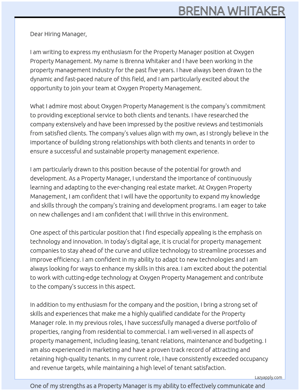 Property Manager At Oxygen Property Management Cover Letter