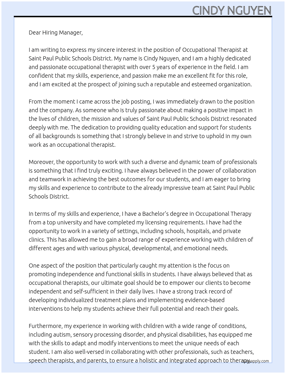 occupational therapist At Saint Paul Public Schools District Cover Letter