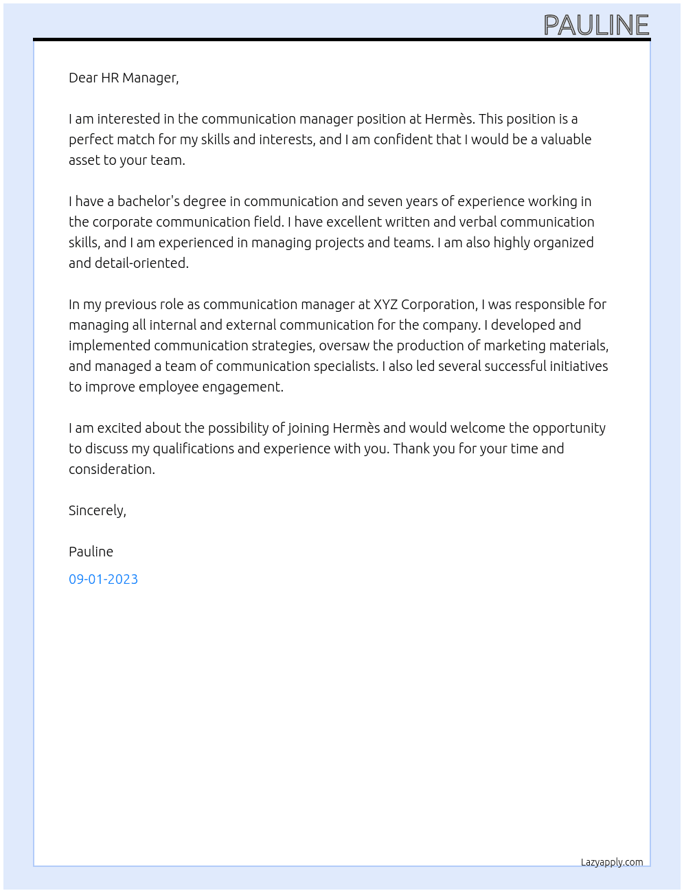 communication manager At Hermès Cover Letter