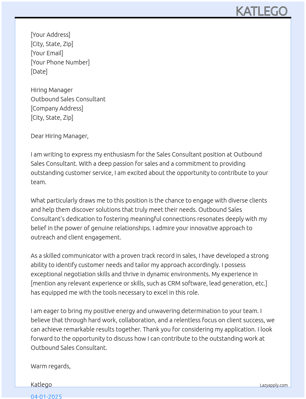 Sale consulant At Outbound sales consultant  Cover Letter